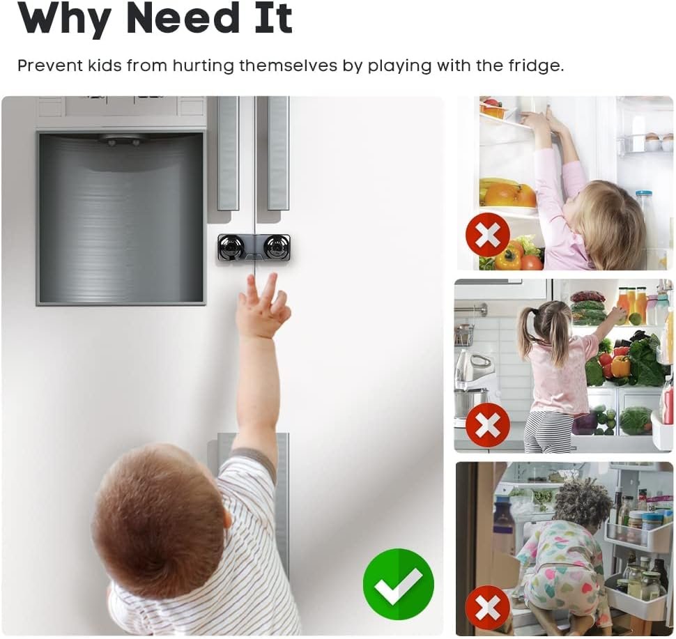 EUDEMON 2 Pack Childproof Refrigerator Lock, Baby Safety French Fridge Door Lock, Freezer Lock, Invisible Cabinet Cupboard Lock for Toddlers, Easy to Install, no Tools Need or Drill (Clear-Black)