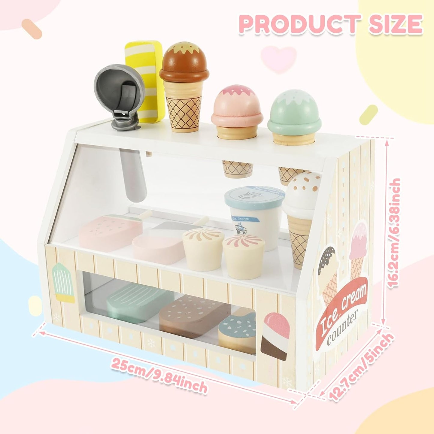 Wooden Ice Cream Toys, Wood Ice Cream Counter Play Set, Play Store Pretend Toy for Toddlers, Ice Cream Counter Shop with Spoon, Play Kitchen Accessories for Kids