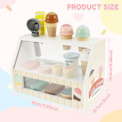 Wooden Ice Cream Toys, Wood Ice Cream Counter Play Set, Play Store Pretend Toy for Toddlers, Ice Cream Counter Shop with Spoon, Play Kitchen Accessories for Kids