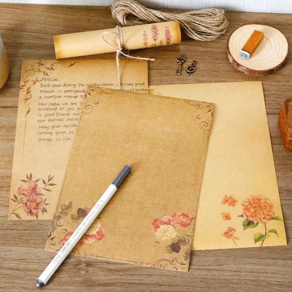 Stationery Paper, 64 Pcs Retro Kraft Paper Stationery, 8 Craft Design Styles, Suitable for Writing Letters, Copying, Invitations, Love Letters (8.26x5.7 Inch)