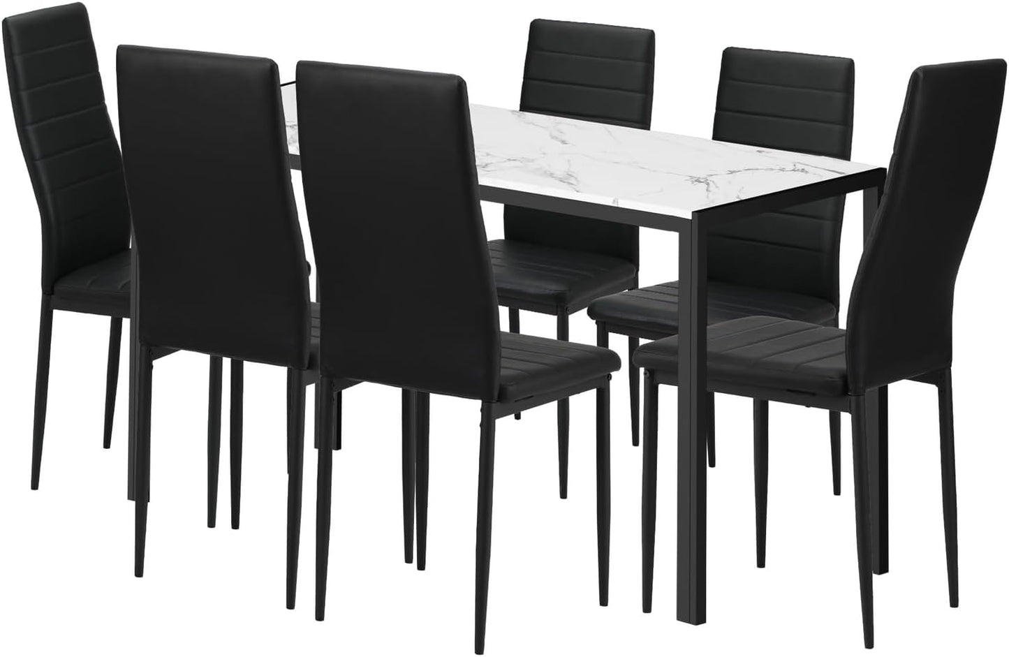 Oikiture Dining Table with Dining Chairs for Set 6PCS 140cm Rectangle Marble Table Top White&Black for Home Kitchen or Dining Room
