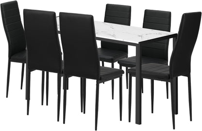 Oikiture Dining Table with Dining Chairs for Set 6PCS 140cm Rectangle Marble Table Top White&Black for Home Kitchen or Dining Room