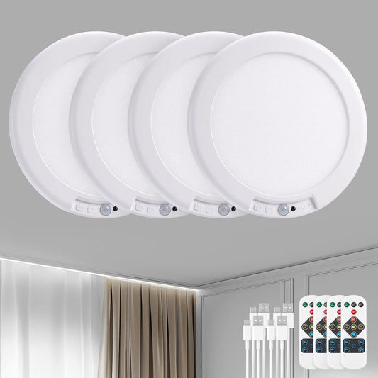 Bojim Battery Operated Ceiling Light 4 Pack, Rechargeable Motion Sensor Indoor Wireless Lamp with Remote, 3000K/4500K/6500K, 7.48in Dimmable Timed, for Shower, Closet, Pantry