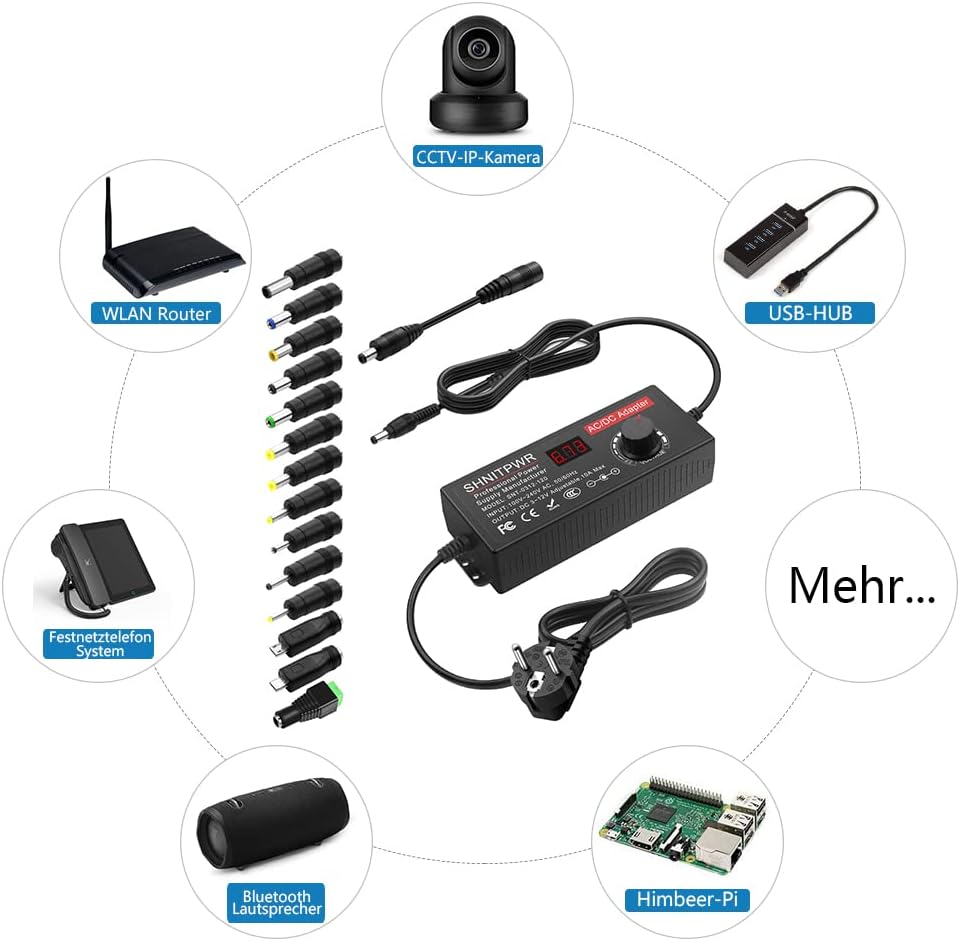 SHNITPWR Universal 3V to 12V 120W 10A 100~240V AC to DC 3V 7V 12V Power Supply with 14 Adapter Connectors for 3V to 12V Electronic Devices Tablet LED Strip etc.