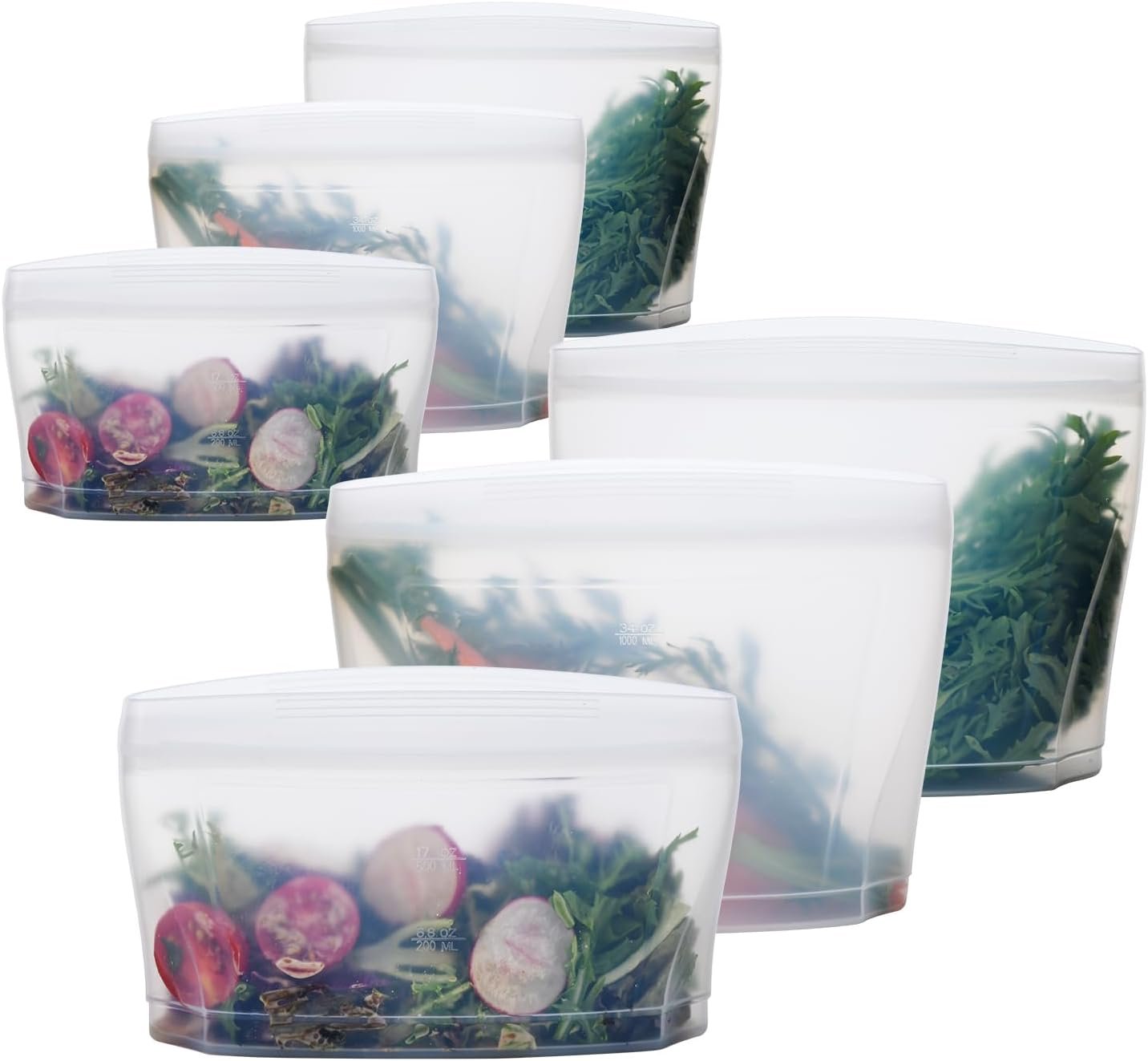 Zip Standing Reusable Silicone Food Storage Bag, Set of 6 White Stand Up Food Storage Container, Reusable Zipper seal bag, no lid required, for Food Storage& Meal Prep, Freezer Oven Dishwasher - Safe