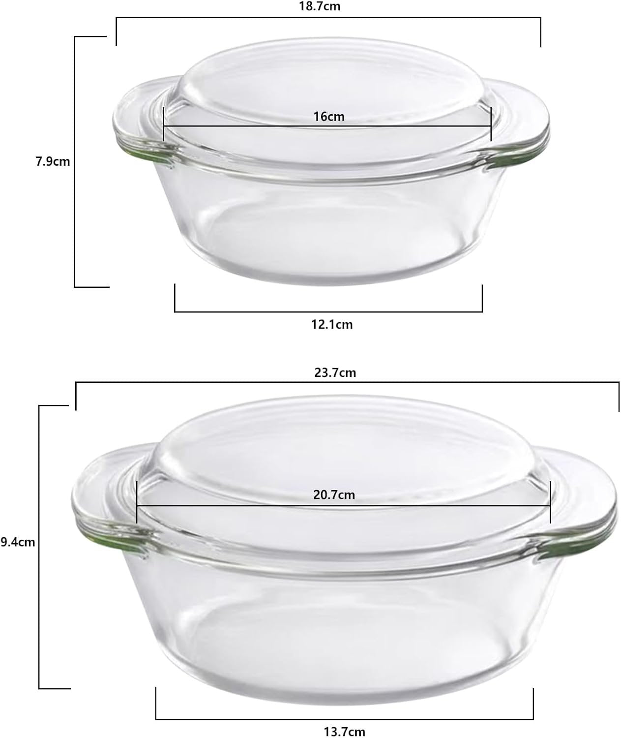2 Set Glass Casserole Dishes with Lids, Borosilicate Cookware Bakeware Set with Handles, Oven Microwave Safe Bowls for Cooking Baking Serving 0.7L & 1.5L