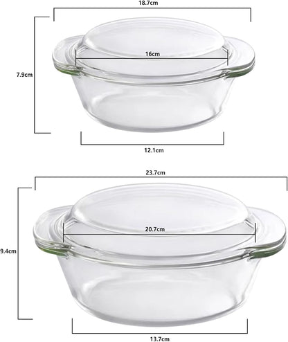 2 Set Glass Casserole Dishes with Lids, Borosilicate Cookware Bakeware Set with Handles, Oven Microwave Safe Bowls for Cooking Baking Serving 0.7L & 1.5L