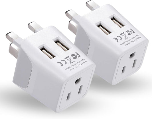 Ceptics UK, Hong Kong, CTU-7-2PK Ireland Travel Adapter Plug with Dual USB - Type G - London - USA Input - Light Weight - Perfect for Cell Phones, Chargers, Cameras and More - 2 Pack