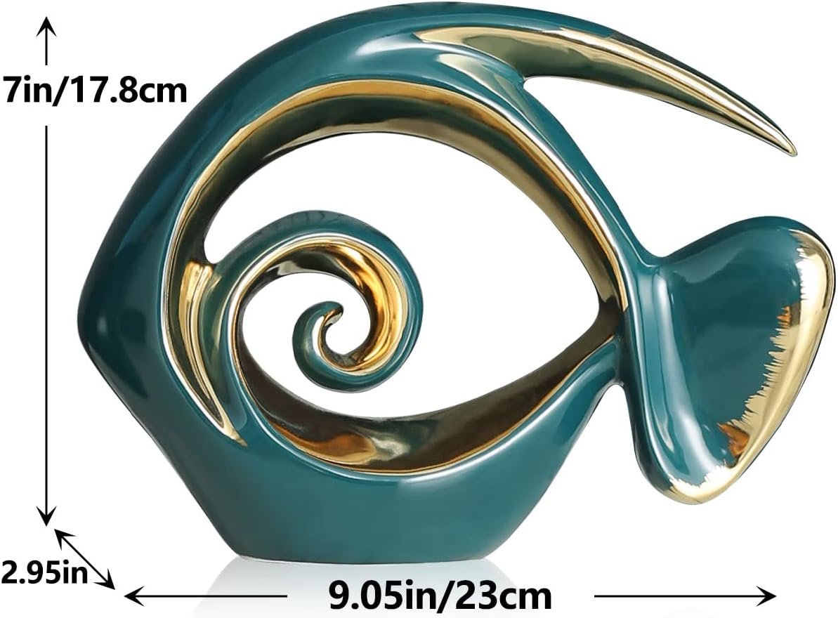 Gold Green Ceramic Fish Figurines - Coastal Home Decor, Modern Ocean Centerpieces for Living Room, Dining Room, Bathroom, Office, Coffee Table, Beach House, Boating, Sea