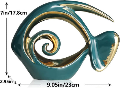 Gold Green Ceramic Fish Figurines - Coastal Home Decor, Modern Ocean Centerpieces for Living Room, Dining Room, Bathroom, Office, Coffee Table, Beach House, Boating, Sea