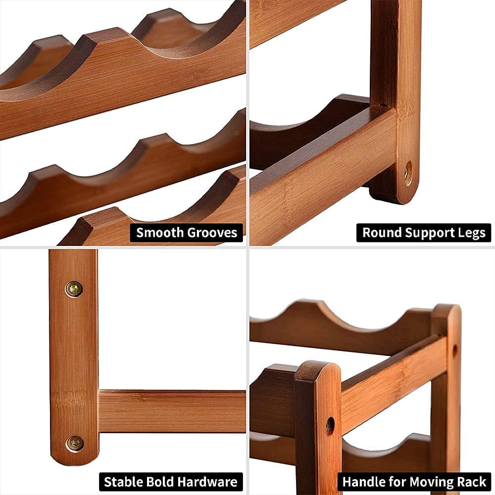 Tabletop Wine Rack Freestanding Bamboo 8 Bottle Storage Shelf Holder Organizer 2 Tier for Refrigerator Countertop Under Cabinet Kitchen Bar Dining Room Brown (2-Tier Brown)