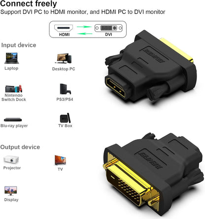 DVI to HDMI, BENFEI Bidirectional DVI (DVI-D) to HDMI Male to Female Adapter with Gold-Plated Cord 2 Pack