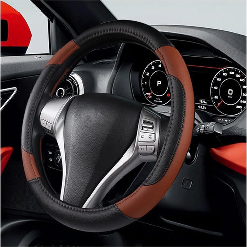 TSUGAMI Leather Car Steering Wheel Cover, Universal 15 Inch for Car Truck SUV, Non-Slip and Breathable, Sport Style Design Odorless Steering Wheel Protector, Automotive Interior Accessories (Coffee)