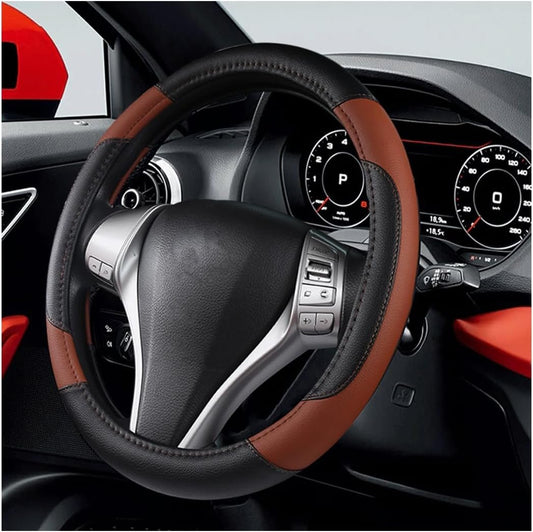TSUGAMI Leather Car Steering Wheel Cover, Universal 15 Inch for Car Truck SUV, Non-Slip and Breathable, Sport Style Design Odorless Steering Wheel Protector, Automotive Interior Accessories (Coffee)