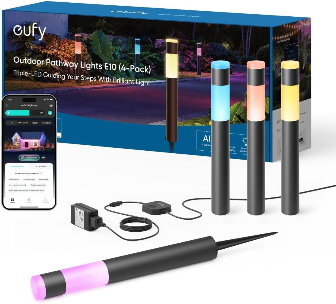 eufy Outdoor Pathway Lights E10, 4-Pack, Smart Wired RGBWW LED Landscape Lights, 350lm, IP65 Waterproof for Yard, Work with Alexa, App Control, Endless AI Light Themes for Festivals, Link with Cameras