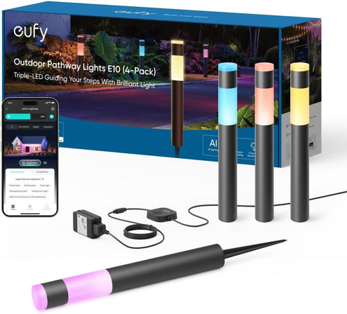 eufy Outdoor Pathway Lights E10, 4-Pack, Smart Wired RGBWW LED Landscape Lights, 350lm, IP65 Waterproof for Yard, Work with Alexa, App Control, Endless AI Light Themes for Festivals, Link with Cameras