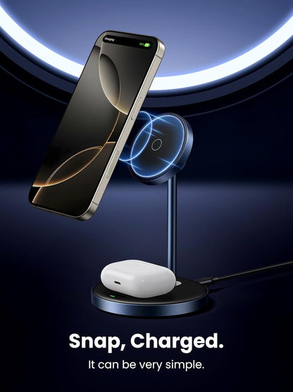 UGREEN 2-in-1 Qi MagFlow Wireless Charger, MagSafe Charging Stand, with 1M USB-C Cable for iPhone 16/15/14/13/12 Series and AirPods Series (No AC Adapter)