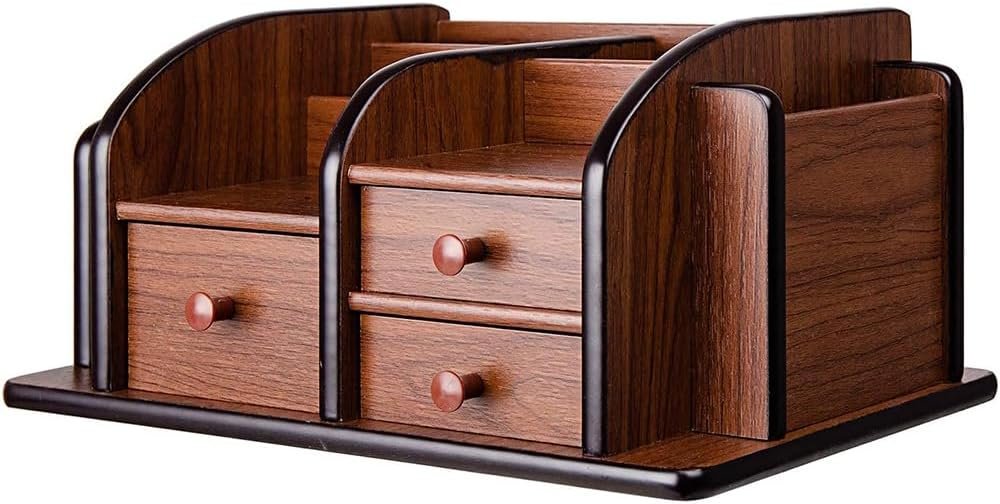 Brown Wooden Desktop Organizer,Wood Office Desk Organizer,Pencil Storage Rack,Large Capacity Drawer,Brown Desktop Accessories,for Kitchen,Desk,Classroom, O0ffice,Daily Storage