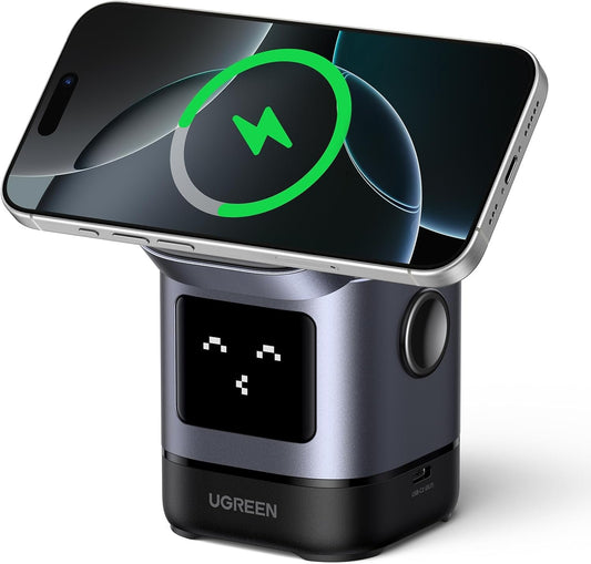 UGREEN Uno Qi2 Certified 15W Wireless Charger Stand, 2 in 1 Fast Charge Charging Station Compatible with Magsafe Charger Stand for iPhone 16, 15, 14Series, AirPods 2/3/Pro (No AC Adapter)