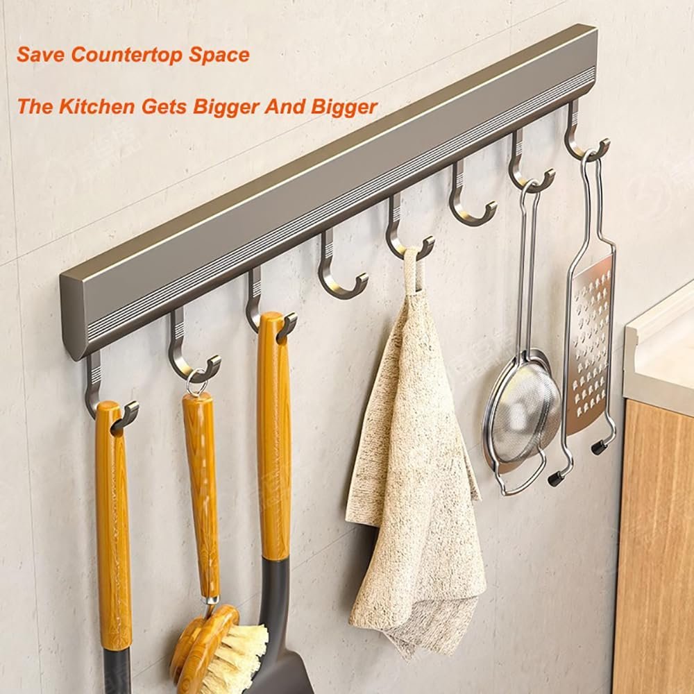 LNGFSH 2 Pieces Wooden Iron Kitchen Utensil Holder Bar Kitchen Knife Holder No Holes Needed for Bathroom Gadgets, Frying Pans, Cups (Grey, with 10 Hook 50 cm)