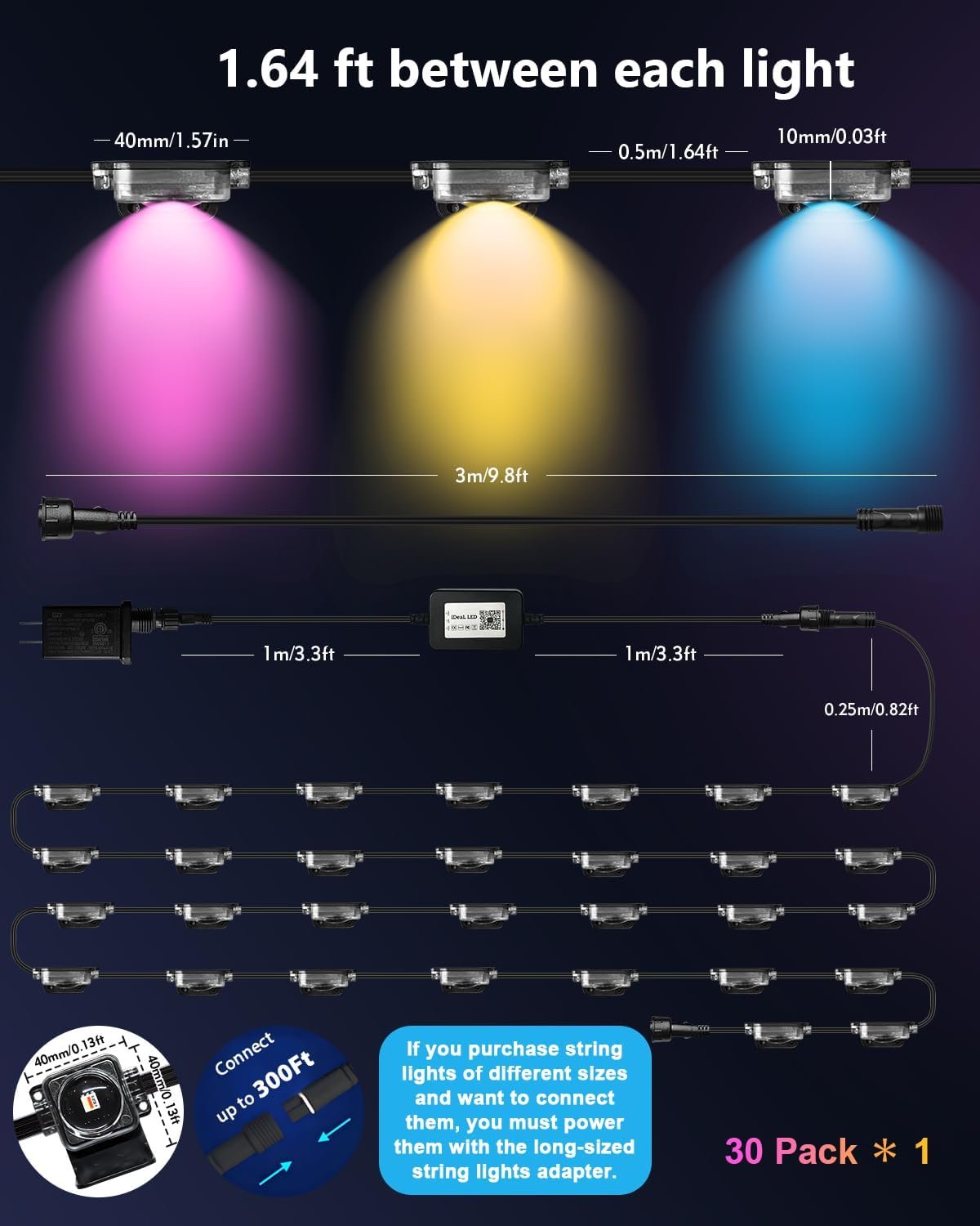Outdoor Deck Lights,30 Pack Multicolor RGB IC Permanent Outdoor Light with 4000K White Light,IP67 Smart Fence Lights with Remote App Control,Christmas Light for Holiday Lighting,Wired