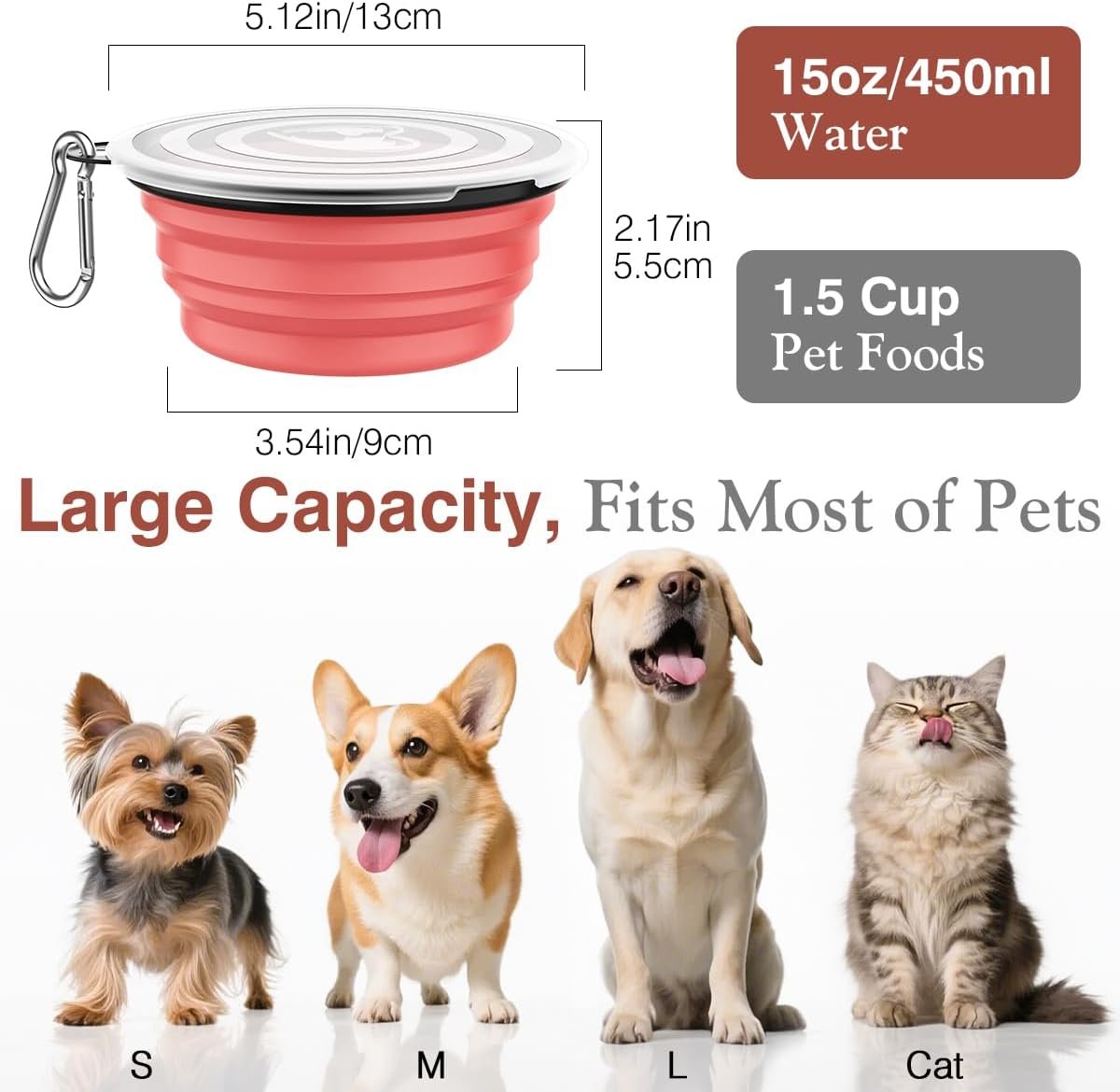 Pawaboo Collapsible Dog Bowls 2 Pack, Silicone Feeding Watering Bowls with Lids & Carabiners for Dogs Cats, Portable Water Feeder Food Bowl for Walking Traveling Home Use, Light Pink + Grey