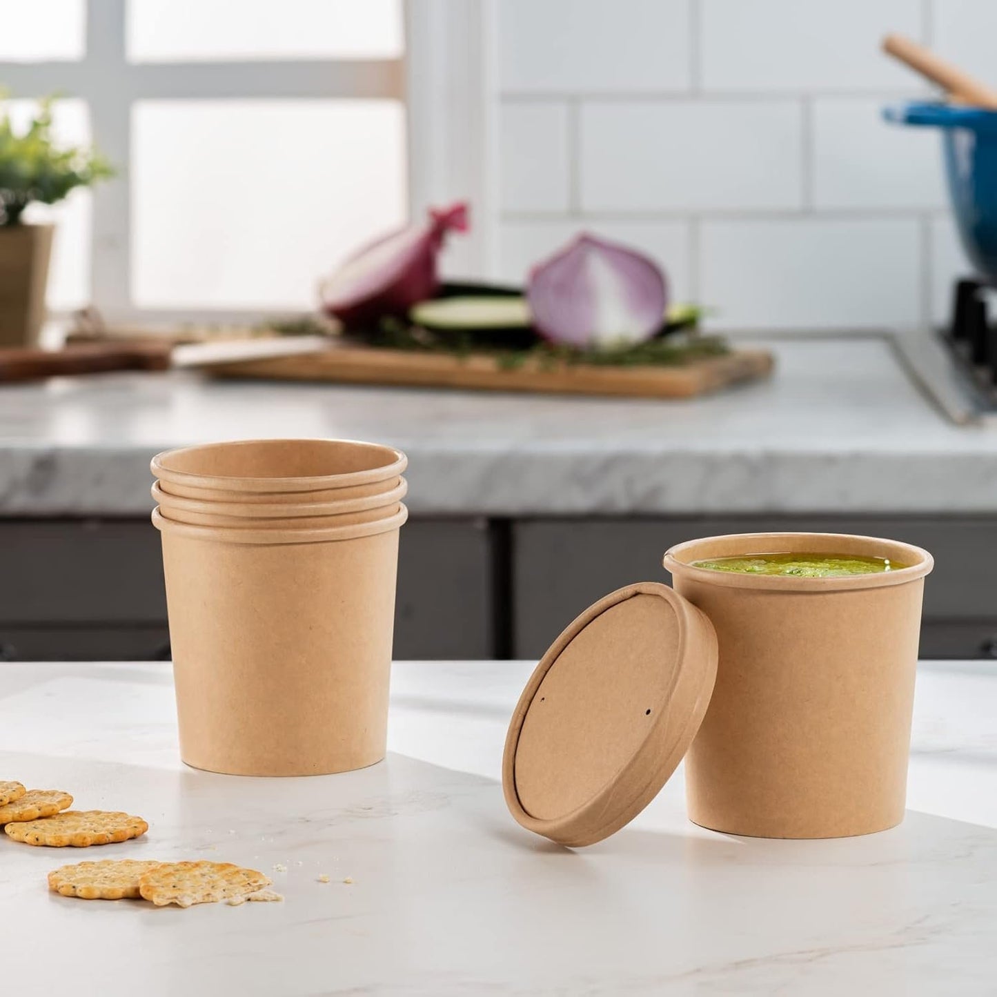 GUSTO [16 oz. - 25 Count] Kraft Paper Food Containers with Vented Lids - To Go Hot Soup Bowls, Disposable Ice Cream Cups, Ideal for Hot and Cold Foods - Formerly Comfy Package