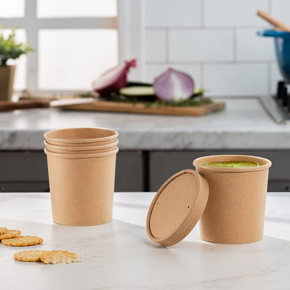 GUSTO [16 oz. - 25 Count] Kraft Paper Food Containers with Vented Lids - To Go Hot Soup Bowls, Disposable Ice Cream Cups, Ideal for Hot and Cold Foods - Formerly Comfy Package