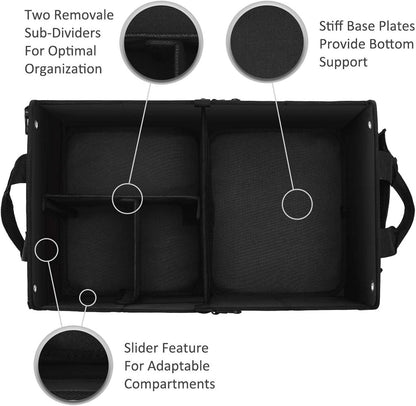Autoark Multipurpose Car Trunk Organizer with Foldable Lid and Straps,Non-Slip Waterproof Bottom,Durable Collapsible Adjustable Compartments Cargo Storage,Black,AK-102