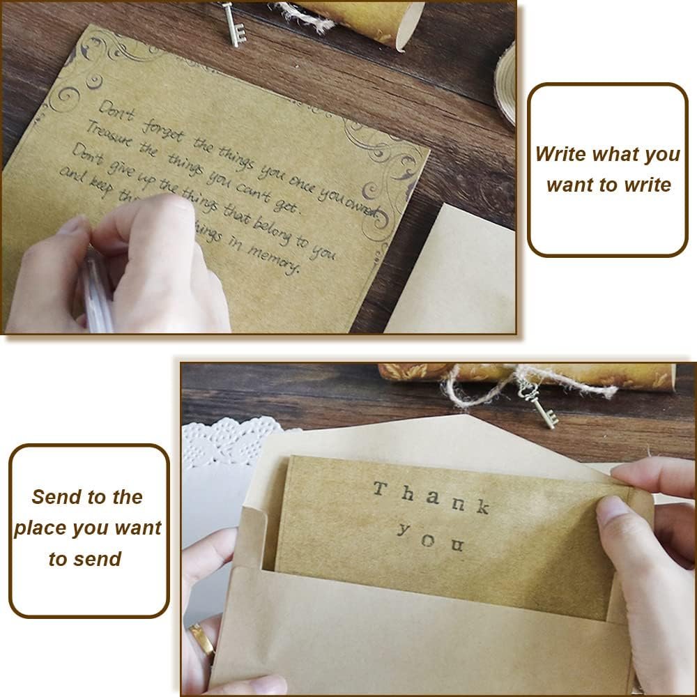 Modixun 96pcs Vintage Paper and Envelopes, Retro Kraft Writing Stationery Paper and Envelopes, Include Antique 32 Papers, 16 Envelopes, 16 Ropes, 16 Pendants, 16 Stickers