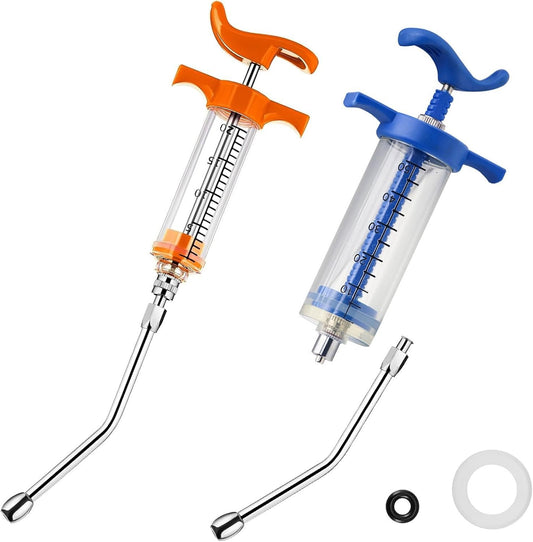 Yoogeer 2Pcs Syringe with 2 Drench Nozzle Adjustable Dosage Reusable Drench Gun Syringe for SGoat, Horse, Sheep, Dog, Pig, Cat (Orange 20ml, Blue 50ml)