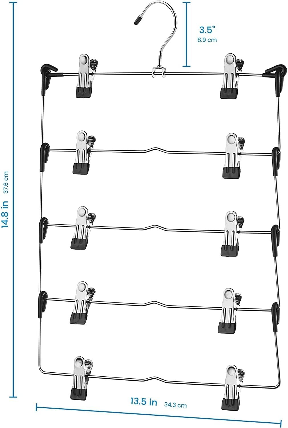 Zober 5-Tier Skirt Hangers with Clips - Metal, Non-Slip Space Saving Pants Hangers W/Adjustable Clips & Swivel Hooks - Skirt Hangers for Women (3-Pack)