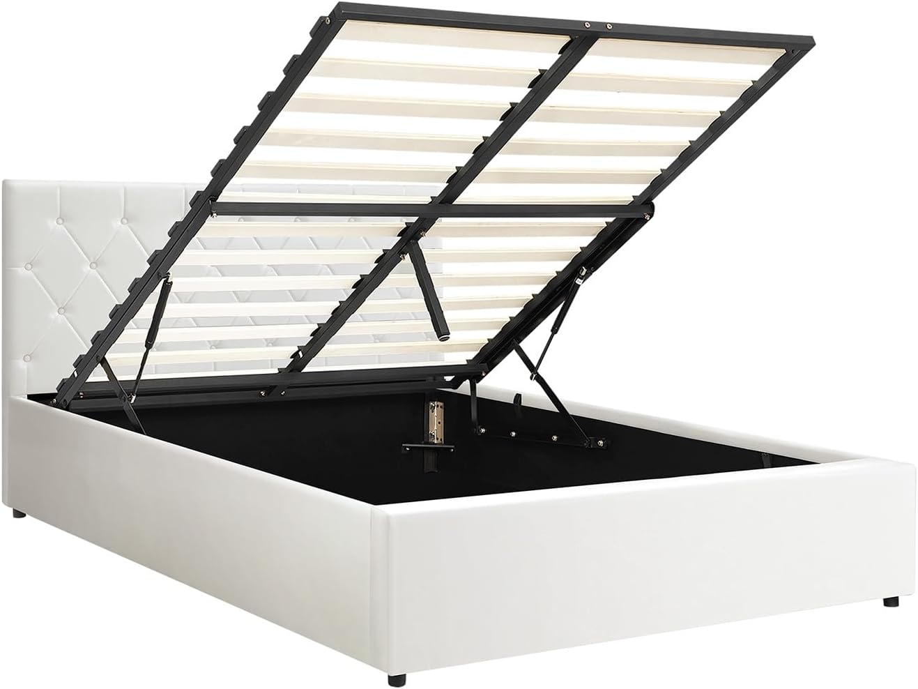 Oikiture Double Bed Frame with Storage and Gas Lift Leather Bed White