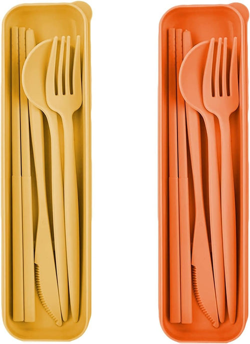 Wheat Straw Cutlery Set - 2 Portable Travel Utensil Sets With Spoon, Fork, Knife and Case - Reusable, Color A