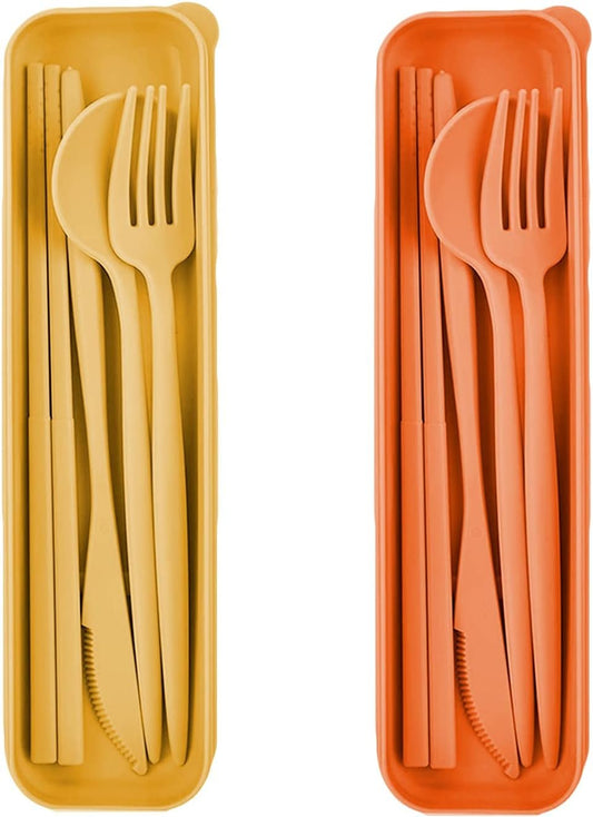 Wheat Straw Cutlery Set - 2 Portable Travel Utensil Sets With Spoon, Fork, Knife and Case - Reusable, Color A