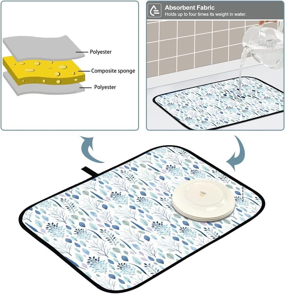 Rolin Roly Absorbent Dish Drying Mat for Kitchen Counter Eucalyptus Drying Pad Blue White Reversible Drainer Mats for Countertop Storage Dishes Pans Fruits18X24