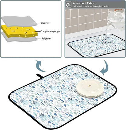 Rolin Roly Absorbent Dish Drying Mat for Kitchen Counter Eucalyptus Drying Pad Blue White Reversible Drainer Mats for Countertop Storage Dishes Pans Fruits18X24