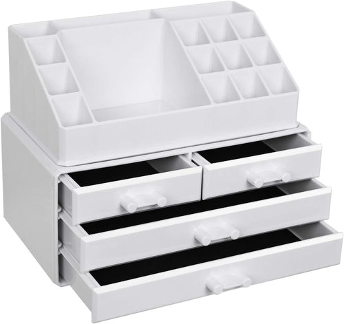 SONGMICS Makeup Organizer, Cosmetic Organizer with 4 Drawers and 16 Compartments of Different Sizes, Non-Slip Mats, for Make Up Accessories and Jewelry, White JKA0010TP