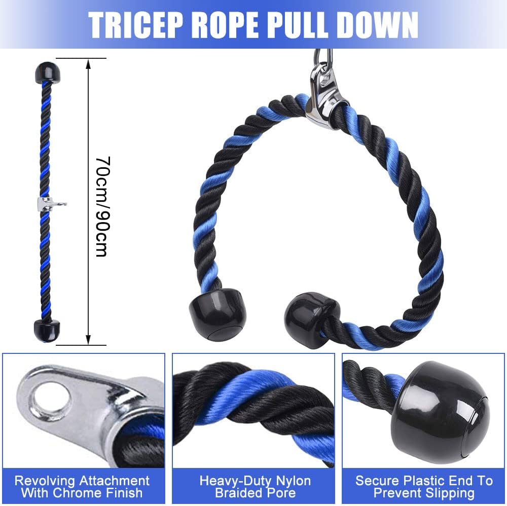 Triceps Rope 70cm/90cm Machine Attachment Cable Nylon Braided Heavy Duty Tricep Rope Cable Attachment for Fitness with Non-Slip HandlesTraining Multi Gym Fitness Workout,Biceps,Triceps,Gym or Home