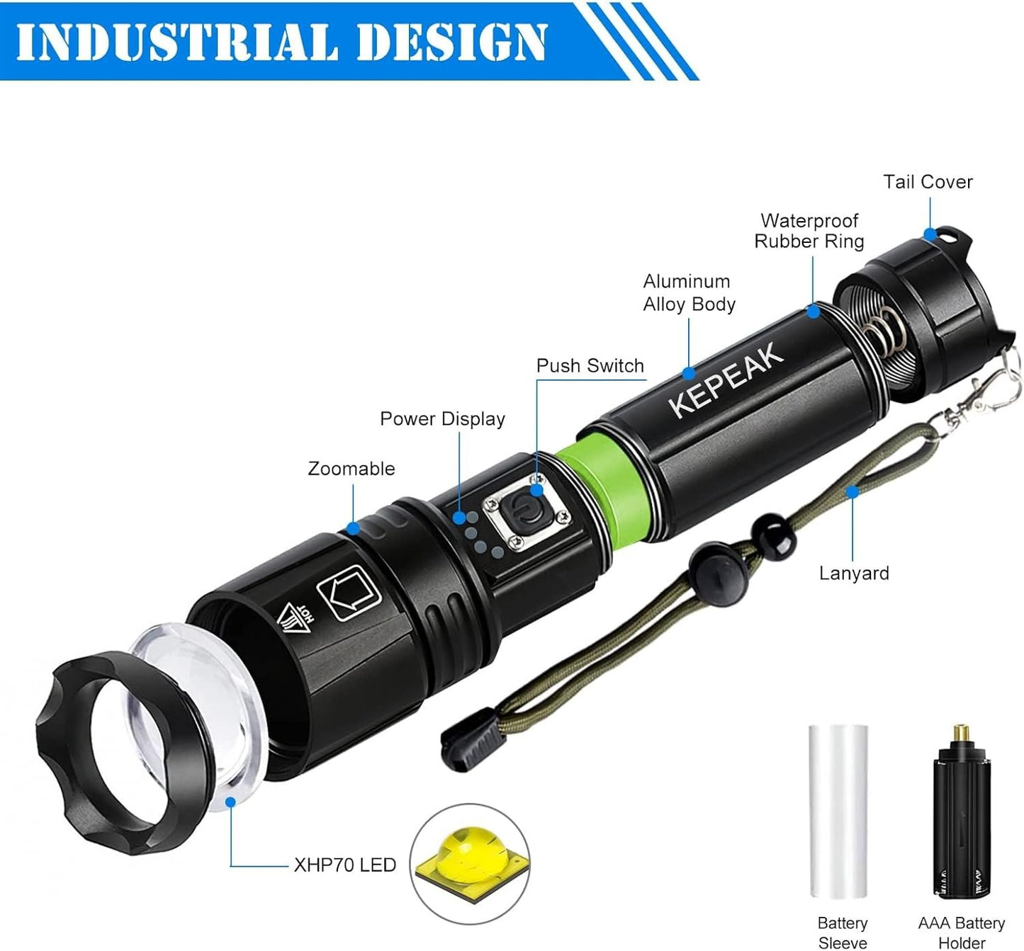 KEPEAK Flashlight, Rechargeable Flashlights High Lumens, 9000 Lumens Super Bright LED Flash Light, Powerful, Zoomable, Tactical Flashlight for Camping, Emergency
