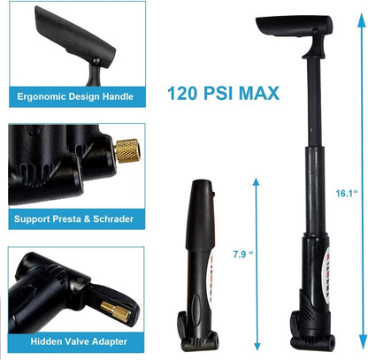 Bike Pump, Kitbest Mini Bicycle Pump with BONUS Glueless Puncture Repair Kit! Fits Presta & Schrader Valve, Mountain, Road, BMX Portable Bike Tire Pump High Pressure Cycle Frame Pump - 5 Year Warranty
