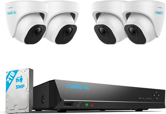 Reolink 8CH 5MP PoE Home Security Camera System, 4 Wired 5MP Outdoor PoE IP Cameras, 4K 5MP 8 Channel NVR Security System w/ 2TB HDD for 24/7 Recording, RLK8-520D4