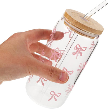 Garneck Cute Glass Cups with Lids and Straws Capacity Bow Cups for and Adults Ideal for Juice