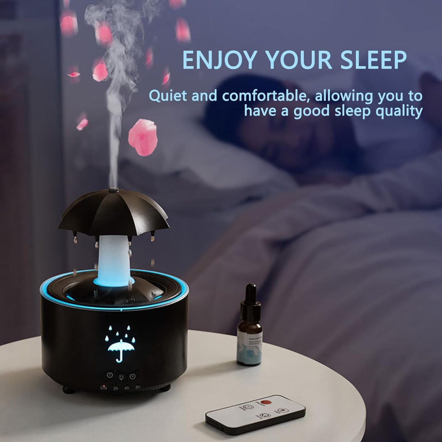 Umbrella Humidifier for Bedroom, Rotate Umbrella Rain Humidifier with Remote Control, 300ML Aroma Diffuser, 7 Colors Mood Light, Timer and Waterless Auto-Off, Air Humidifiers for Desk