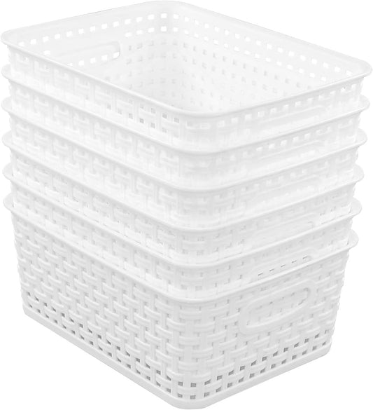 Sandmovie White Rectangle Plastic Storage Baskets, 6 Packs
