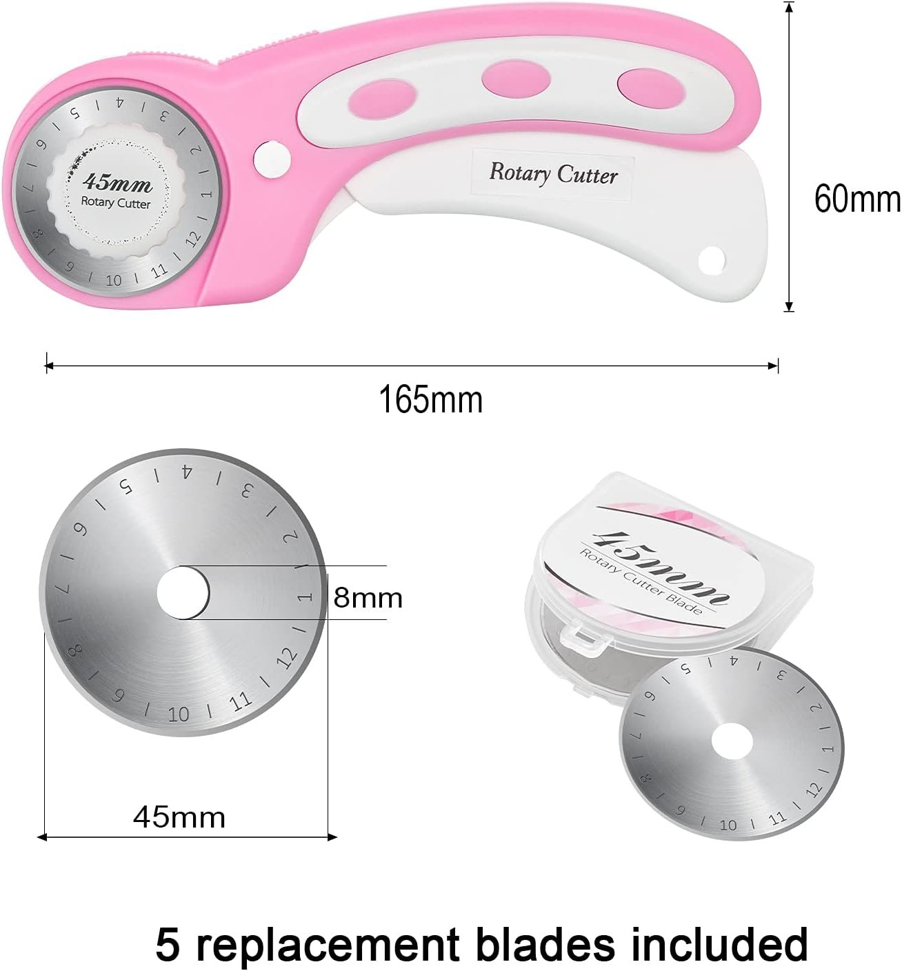 45mm Rotary Cutter with 5pcs Extra Blades, Ergonomic Handle Rolling Cutter with Safety Lock for Fabric, Leather, Crafting, Sewing, Quilting, Fabric Rotary Cutter Perfect for Left & Right Hand (Pink)