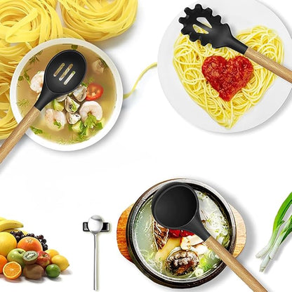 15-Piece Silicone Wooden Handle Kitchen Utensils Set, Cooking Tools with Holder, Kitchen Gadgets for Non-Stick Cookware