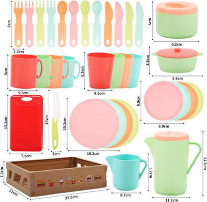 JQLM Pretend Play Kitchen Accessories Toys Set,Plastic Dishes Toy Set Include Plates&Teapot&Cups&Forks& Knife&Carry Basket,Pretend Cooking Accessories,Gifts for 2 3 4 5 6 Years Old Girls Boys Toddler