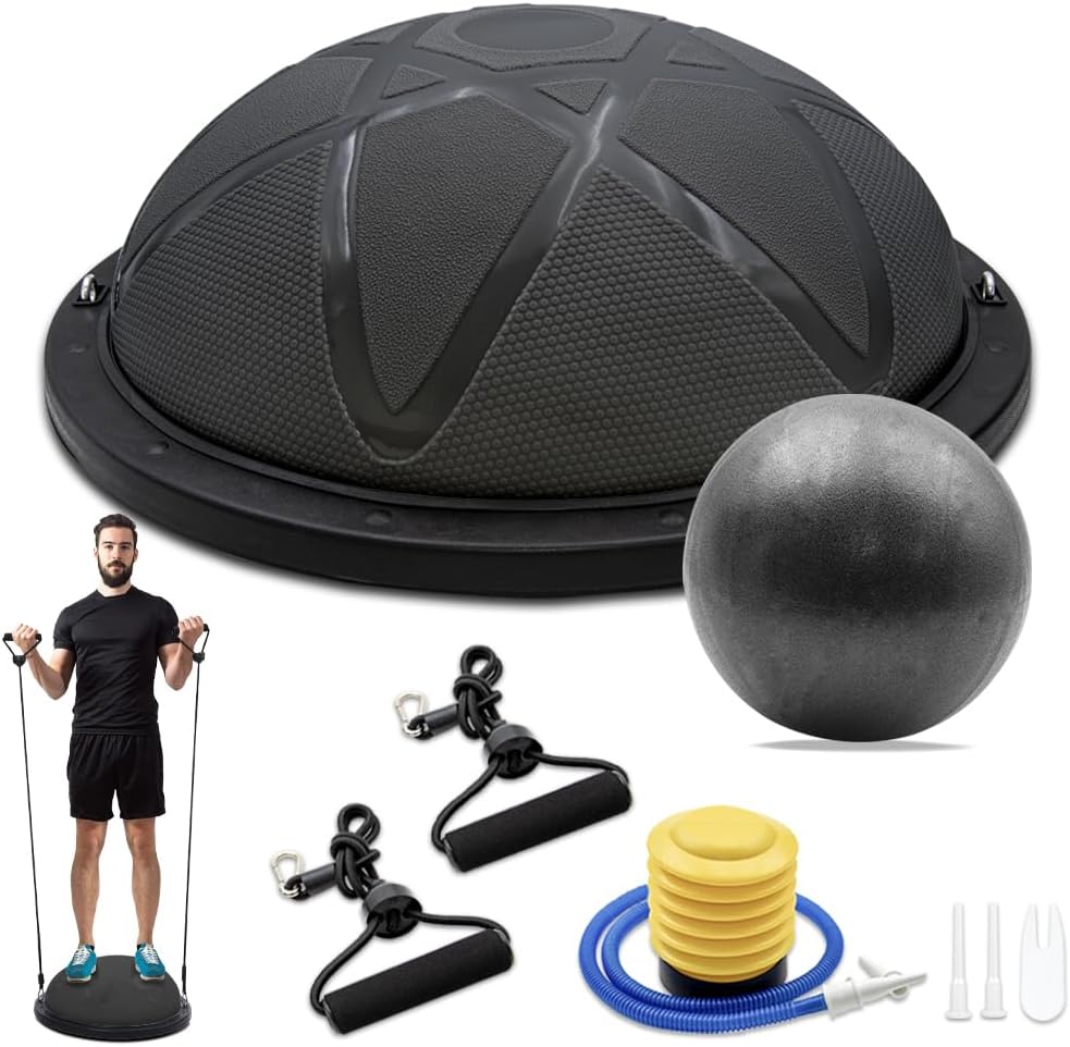 300KG Half Balance Ball Trainer,7pcs Half Exercise Balance Ball Trainer Set with 2 Resistance Bands,Yoga Ball&Foot Pump,58cm Stability Ball for Full Body Workout,Exercises,Home Gym,Physical Therapy