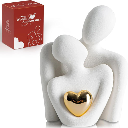 Couple of Lovers Statue, Romantic Modern Sculpture Golden Heart Design – Home Decorative Figurines, Modern Ornaments, Bride and Groom Gift, Modern Decor – Gift Anniversary Wedding Figures